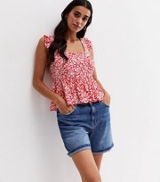 New Look Red Ditsy Floral Frill Peplum Blouse